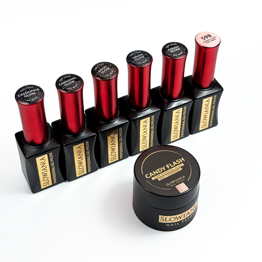 Sæt med 5 Glow Top Coats, Base og 15g Gel Candy Flash